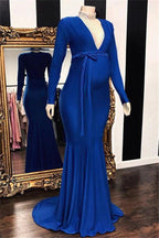 Long Mermaid Deep V-neck Pregnant Formal Evening Dress with Sleeves by BIZTUNNEL