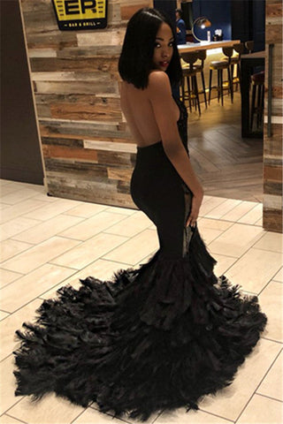 Long Mermaid Halter Open Back Appliques Black Prom Dress