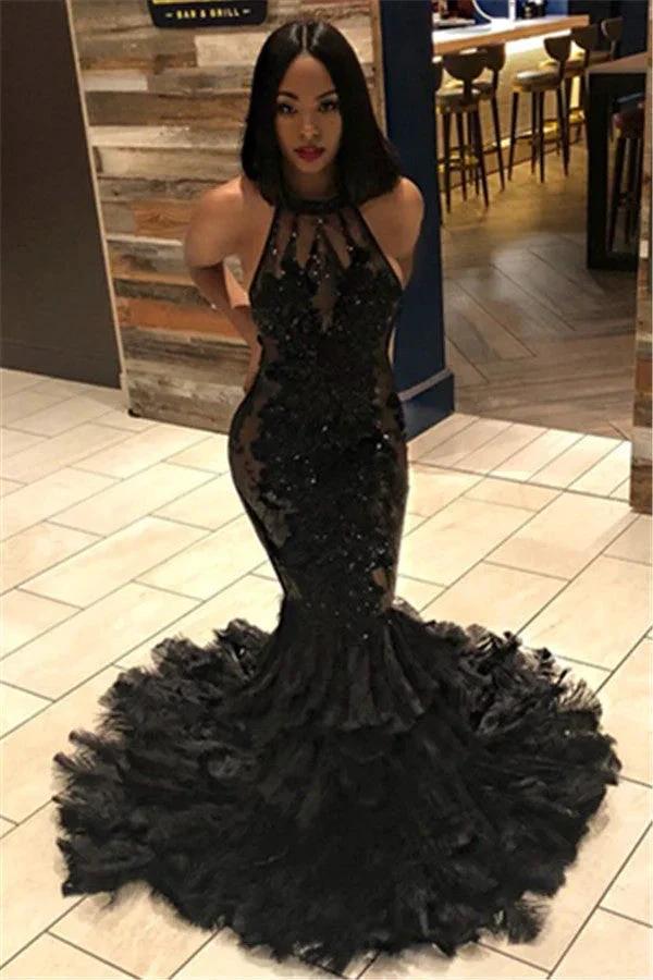 Long Mermaid Halter Open Back Appliques Black Prom Dress by BIZTUNNEL