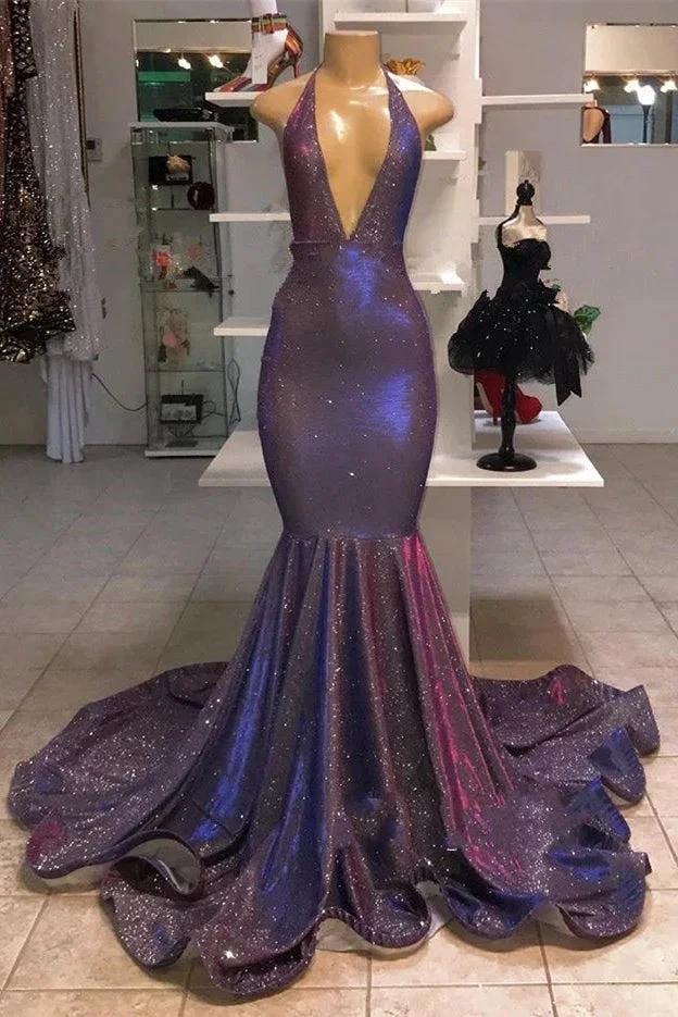 Long Mermaid Halter Sequins Formal Prom Dresses by BIZTUNNEL