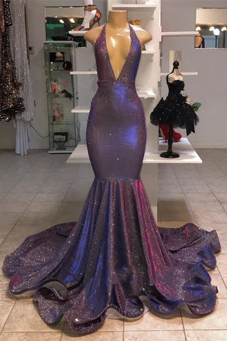 Vestidos de fiesta formales con lentejuelas y escote halter de sirena larga
