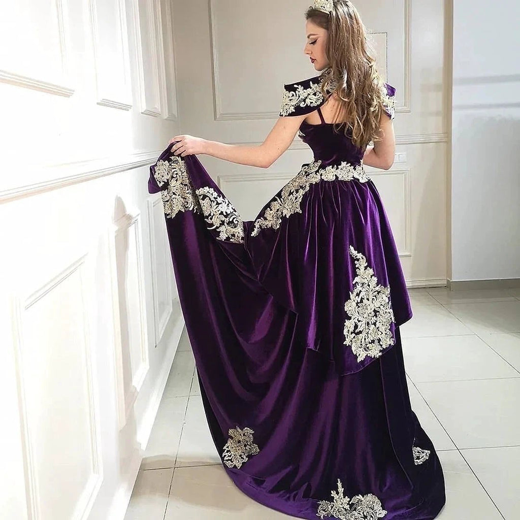 Long Mermaid High Neck Appliques Lace Backless Velvet Prom Dress by BIZTUNNEL