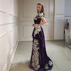Long Mermaid High Neck Appliques Lace Backless Velvet Prom Dress by BIZTUNNEL