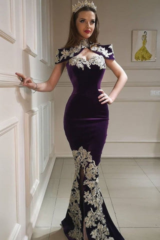 Vestido de fiesta largo de sirena con cuello alto, apliques de encaje y terciopelo sin espalda