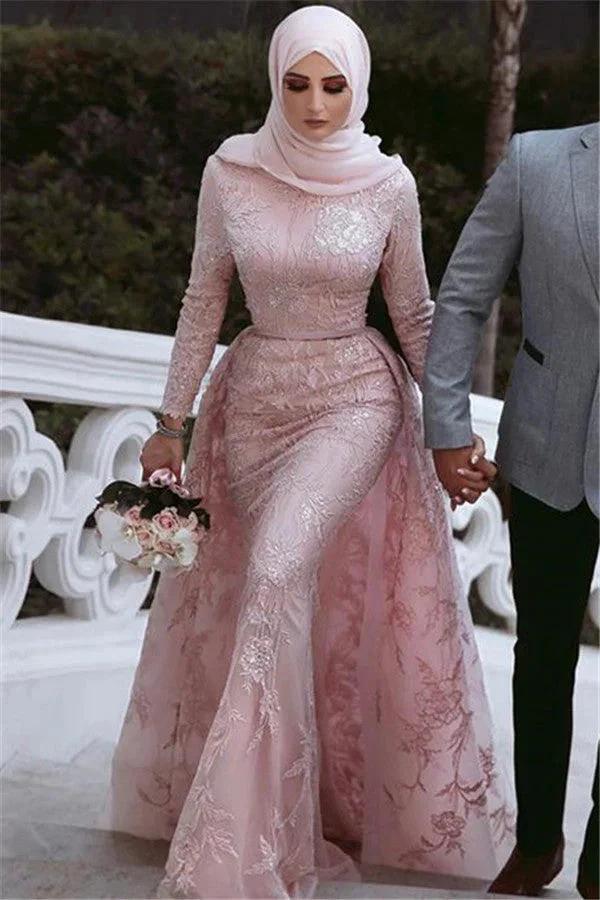 Long Mermaid High Neck Appliques Lace Prom Dress with Sleeves by BIZTUNNEL