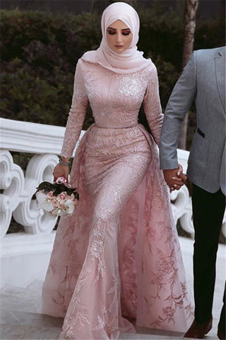 Vestido de fiesta largo de sirena con cuello alto, apliques de encaje y mangas