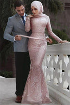 Long Mermaid High Neck Appliques Lace Prom Dress with Sleeves by BIZTUNNEL
