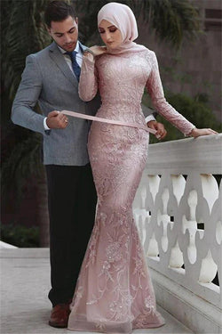 Long Mermaid High Neck Appliques Lace Prom Dress with Sleeves by BIZTUNNEL