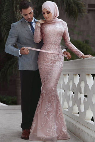 Vestido de fiesta largo de sirena con cuello alto, apliques de encaje y mangas
