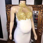 Long Mermaid High Neck Appliques White Pregnant Formal Dresses by BIZTUNNEL