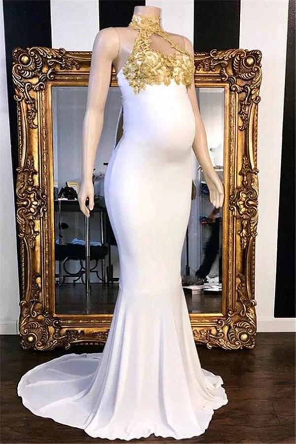 Long Mermaid High Neck Appliques White Pregnant Formal Dresses by BIZTUNNEL