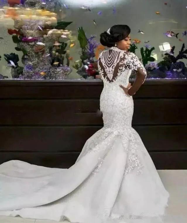 Long Mermaid High Neck Beads Lace Appliques Wedding Dress with Sleeves by BIZTUNNEL