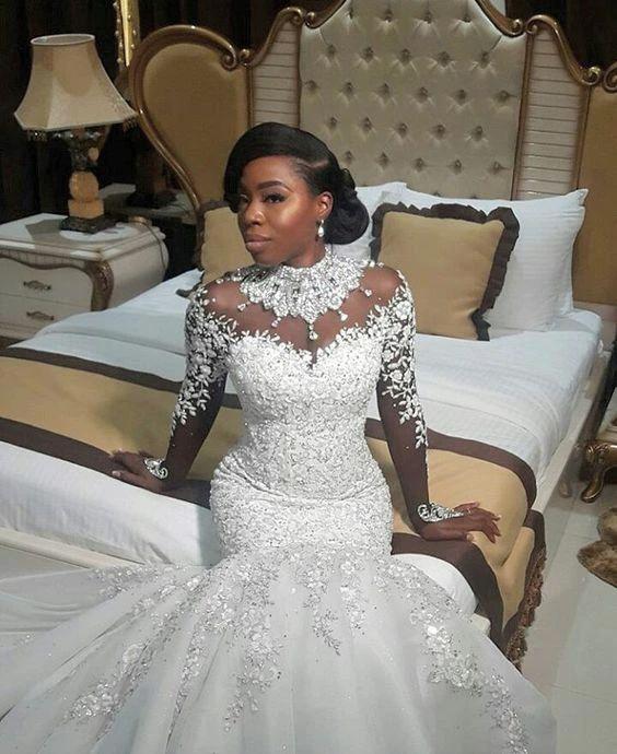 Long Mermaid High Neck Beads Lace Appliques Wedding Dress with Sleeves by BIZTUNNEL