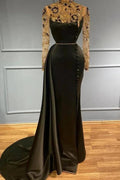 Long Mermaid High Neck Satin Prom Dress with Sleeeves by BIZTUNNEL