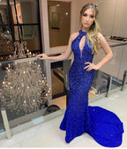 Long Mermaid High Neck Satin Royal Blue Backless Prom Dress by BIZTUNNEL