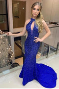 Long Mermaid High Neck Satin Royal Blue Backless Prom Dress by BIZTUNNEL