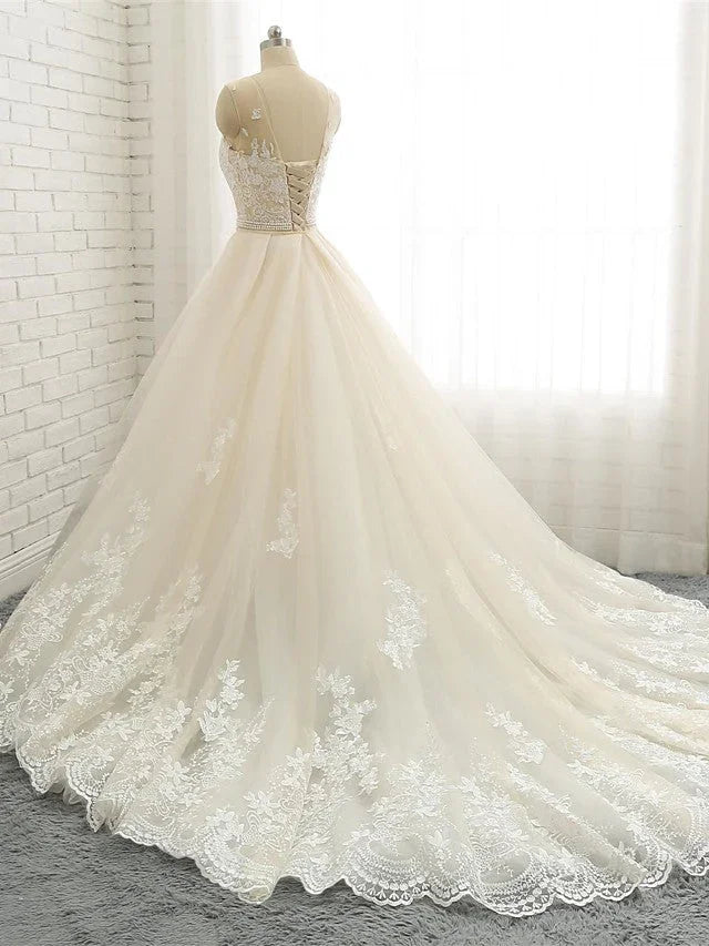 Long Mermaid Jewel Neck Chapel Train Tulle Lace Wedding Dresses by BIZTUNNEL