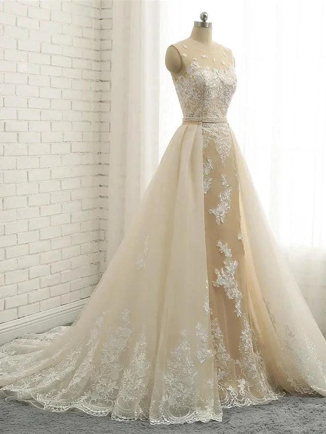 Long Mermaid Jewel Neck Chapel Train Tulle Lace Wedding Dresses by BIZTUNNEL