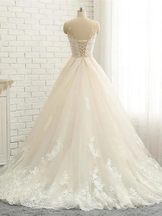 Long Mermaid Jewel Neck Chapel Train Tulle Lace Wedding Dresses by BIZTUNNEL