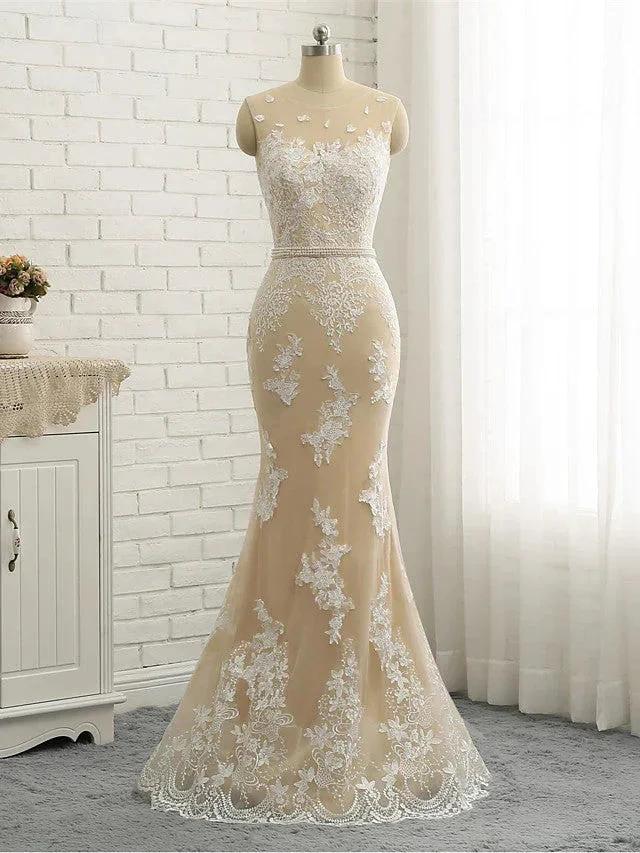 Long Mermaid Jewel Neck Chapel Train Tulle Lace Wedding Dresses by BIZTUNNEL