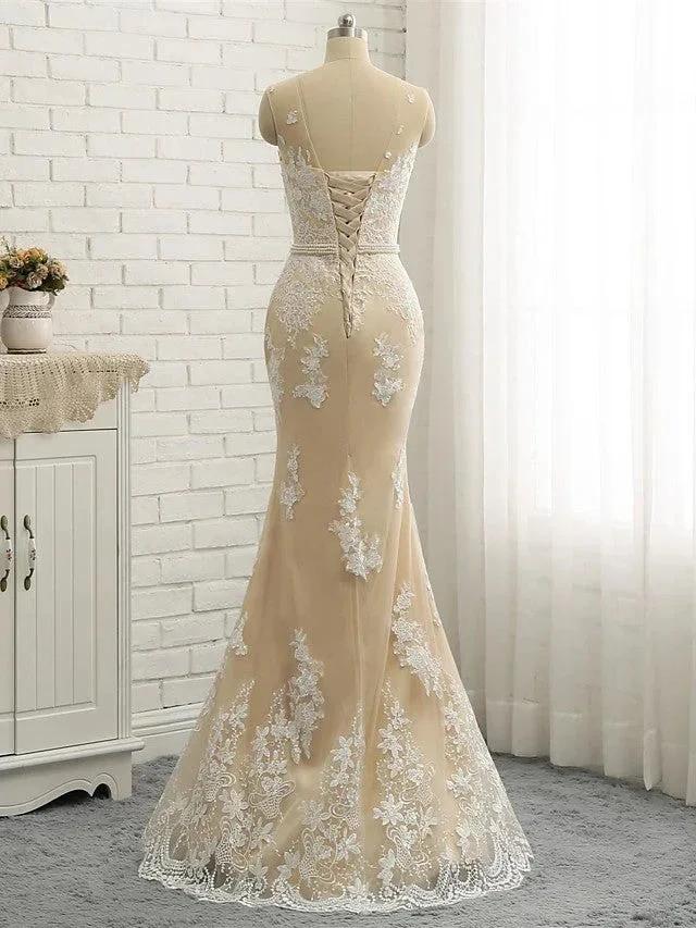 Long Mermaid Jewel Neck Chapel Train Tulle Lace Wedding Dresses by BIZTUNNEL