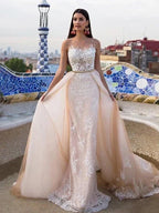Long Mermaid Jewel Neck Chapel Train Tulle Lace Wedding Dresses by BIZTUNNEL