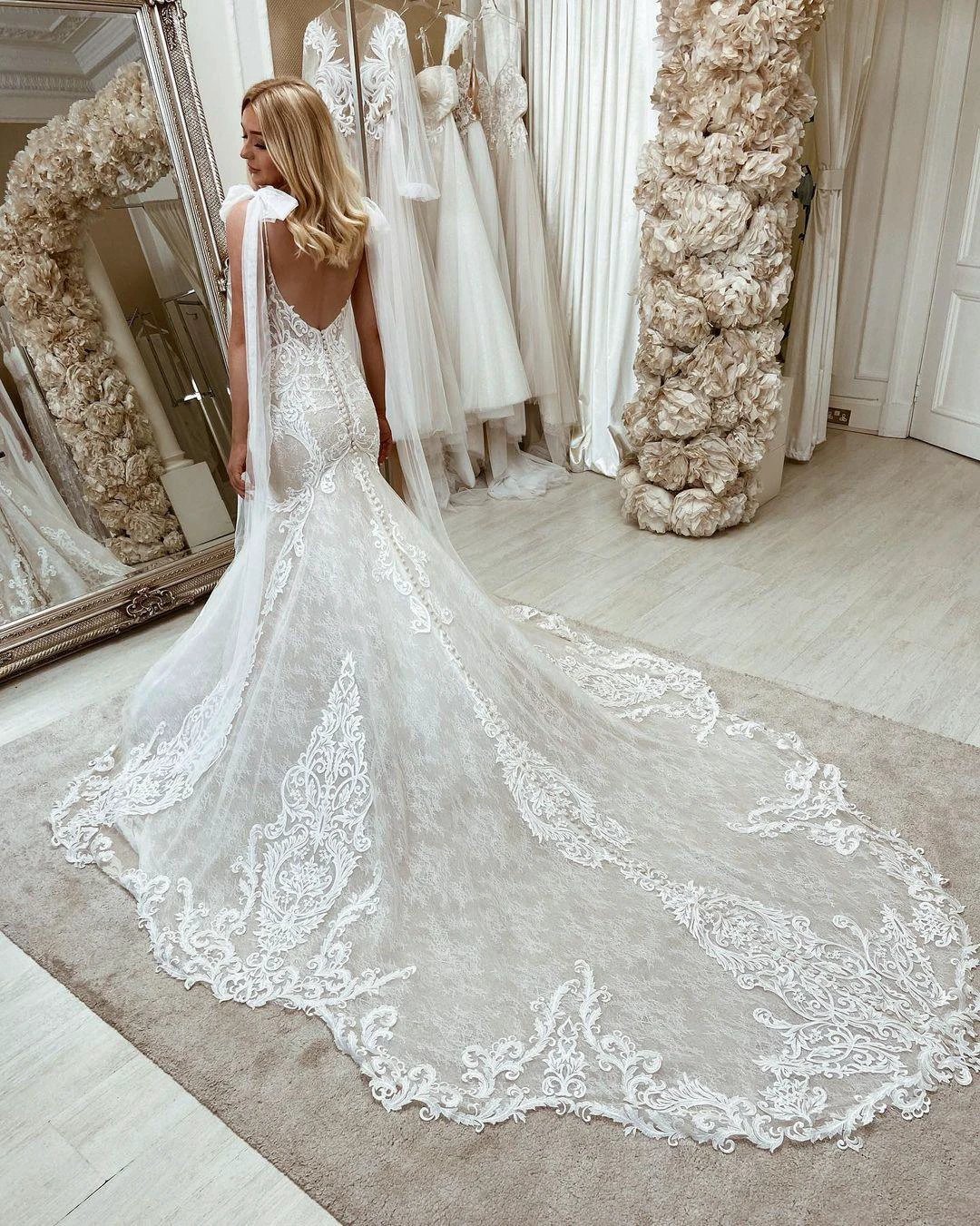 Long Mermaid Lace Sweetheart Backless Wedding Dress with Sweep Train by BIZTUNNEL