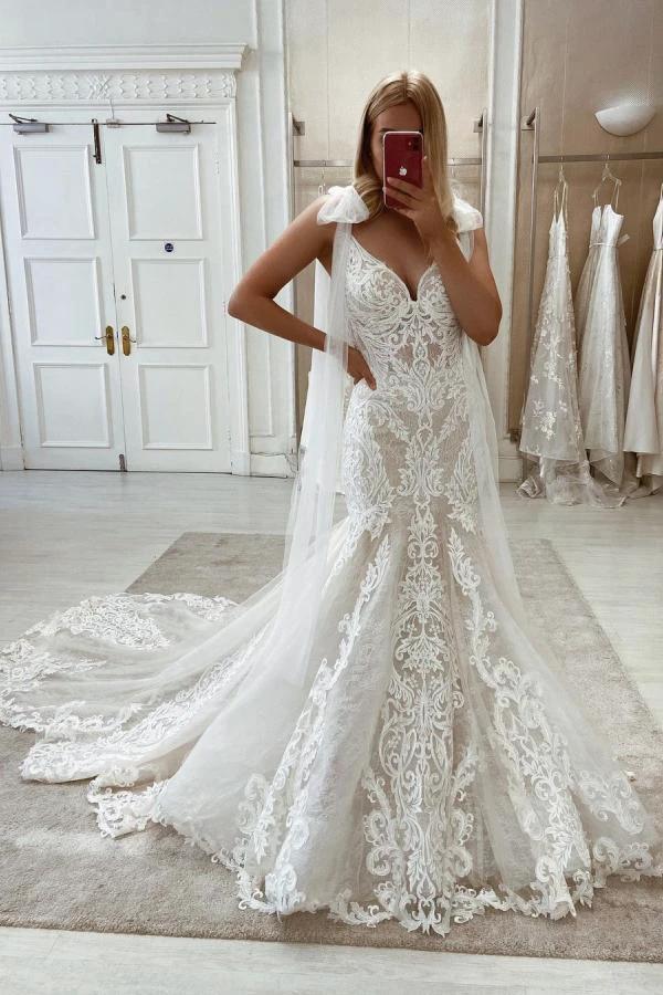 Long Mermaid Lace Sweetheart Backless Wedding Dress with Sweep Train by BIZTUNNEL