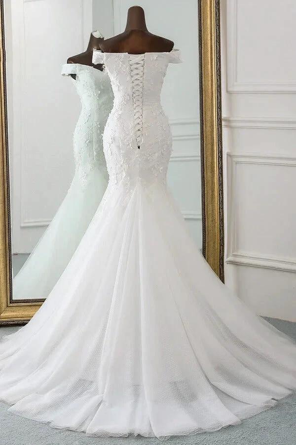 Long Mermaid Off Shoulder Lace-up Applique Lace Wedding Dress by BIZTUNNEL