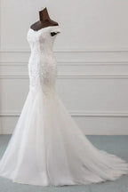 Long Mermaid Off Shoulder Lace-up Applique Lace Wedding Dress by BIZTUNNEL