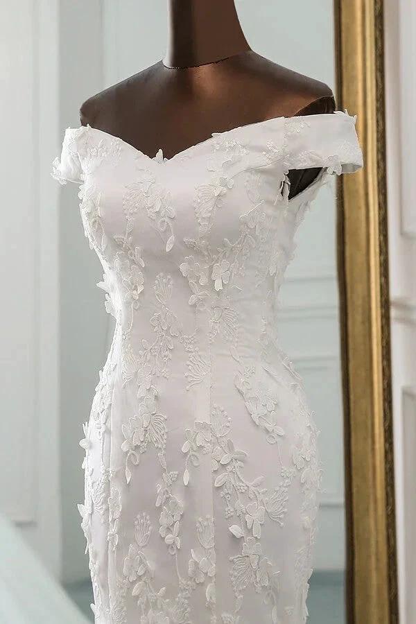 Long Mermaid Off Shoulder Lace-up Applique Lace Wedding Dress by BIZTUNNEL