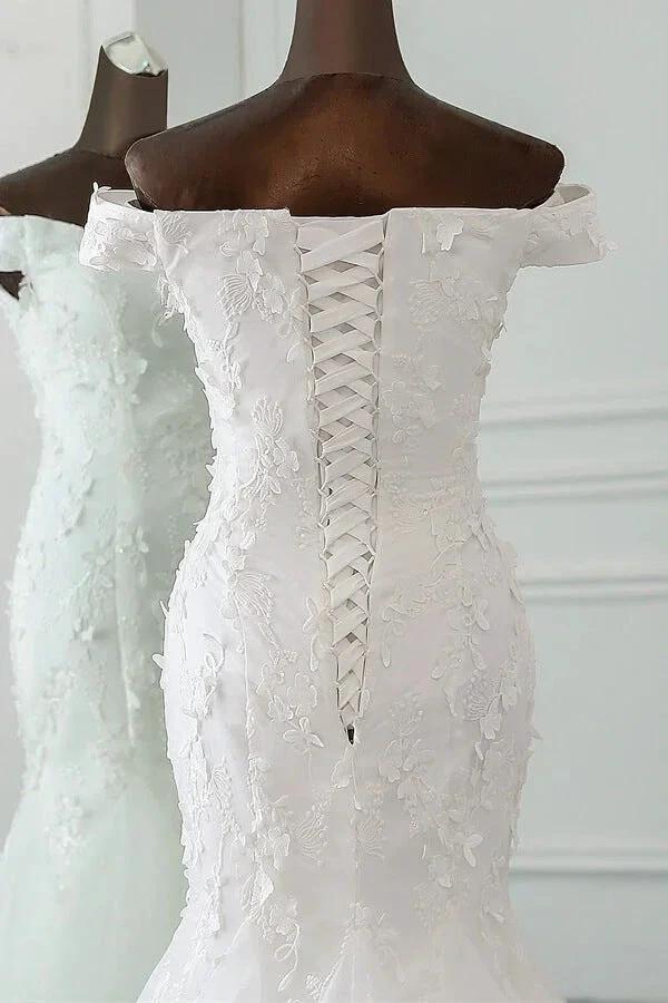 Long Mermaid Off Shoulder Lace-up Applique Lace Wedding Dress by BIZTUNNEL