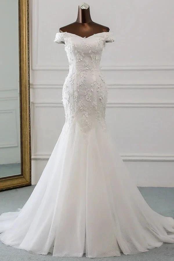 Long Mermaid Off Shoulder Lace-up Applique Lace Wedding Dress by BIZTUNNEL