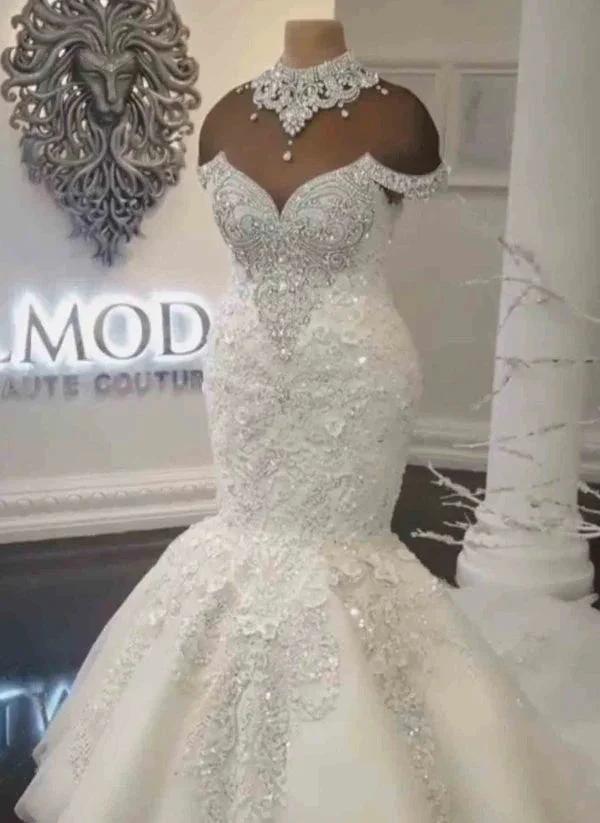 Long Mermaid Off-the-Shoulder Appliques Crystals Wedding Dress by BIZTUNNEL