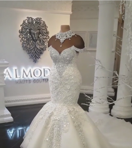 Long Mermaid Off-the-Shoulder Appliques Crystals Wedding Dress