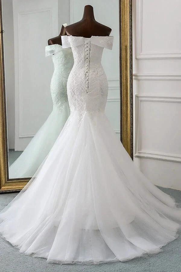 Long Mermaid Off the Shoulder Appliques Lace Tulle Wedding Dress by BIZTUNNEL