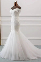 Long Mermaid Off the Shoulder Appliques Lace Tulle Wedding Dress by BIZTUNNEL