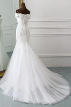 Long Mermaid Off the Shoulder Appliques Lace Tulle Wedding Dress by BIZTUNNEL
