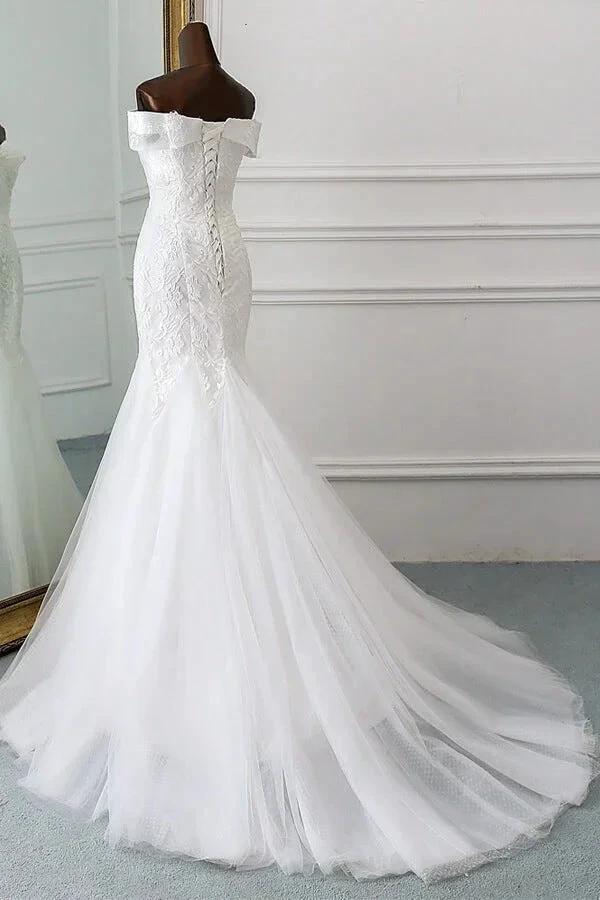 Long Mermaid Off the Shoulder Appliques Lace Tulle Wedding Dress by BIZTUNNEL