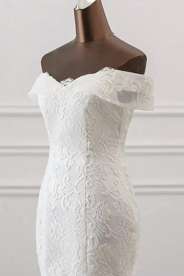 Long Mermaid Off the Shoulder Appliques Lace Tulle Wedding Dress by BIZTUNNEL