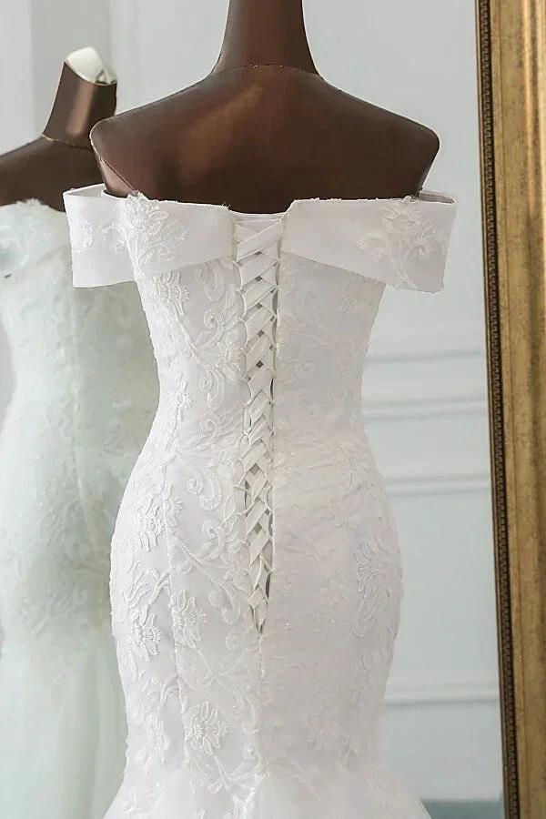 Long Mermaid Off the Shoulder Appliques Lace Tulle Wedding Dress by BIZTUNNEL