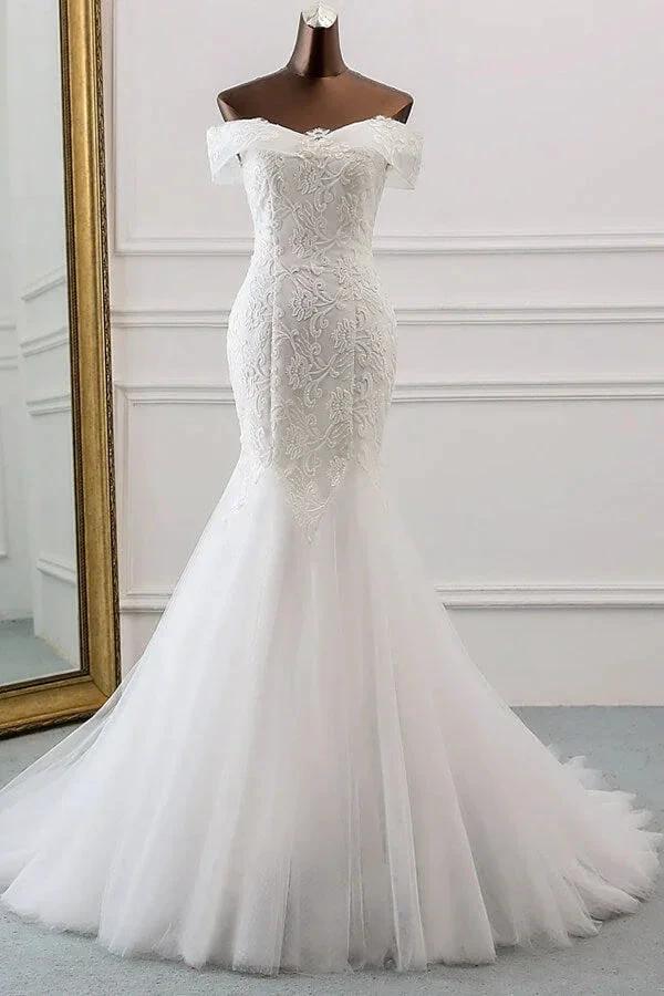 Long Mermaid Off the Shoulder Appliques Lace Tulle Wedding Dress by BIZTUNNEL