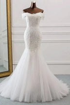 Long Mermaid Off the Shoulder Appliques Lace Tulle Wedding Dress by BIZTUNNEL