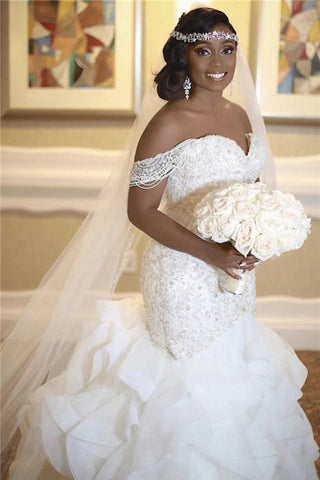 Long Mermaid Off The Shoulder Appliques Lace Wedding Dress