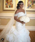 Long Mermaid Off The Shoulder Appliques Lace Wedding Dress by BIZTUNNEL