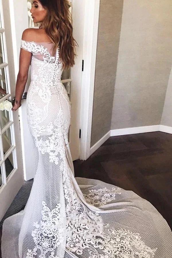 Long Mermaid Off The Shoulder Appliques Sweep Train Wedding Dress by BIZTUNNEL