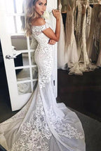 Long Mermaid Off The Shoulder Appliques Sweep Train Wedding Dress by BIZTUNNEL