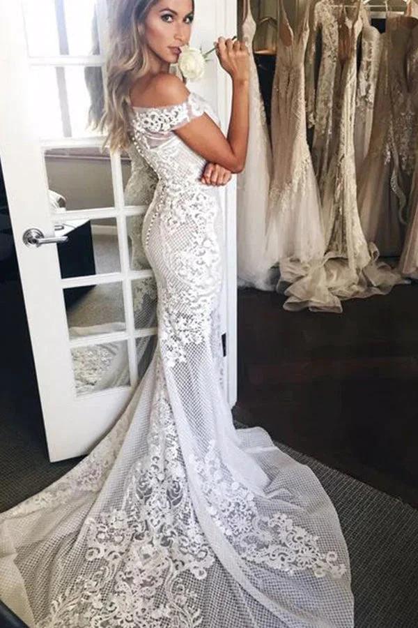 Long Mermaid Off The Shoulder Appliques Sweep Train Wedding Dress by BIZTUNNEL