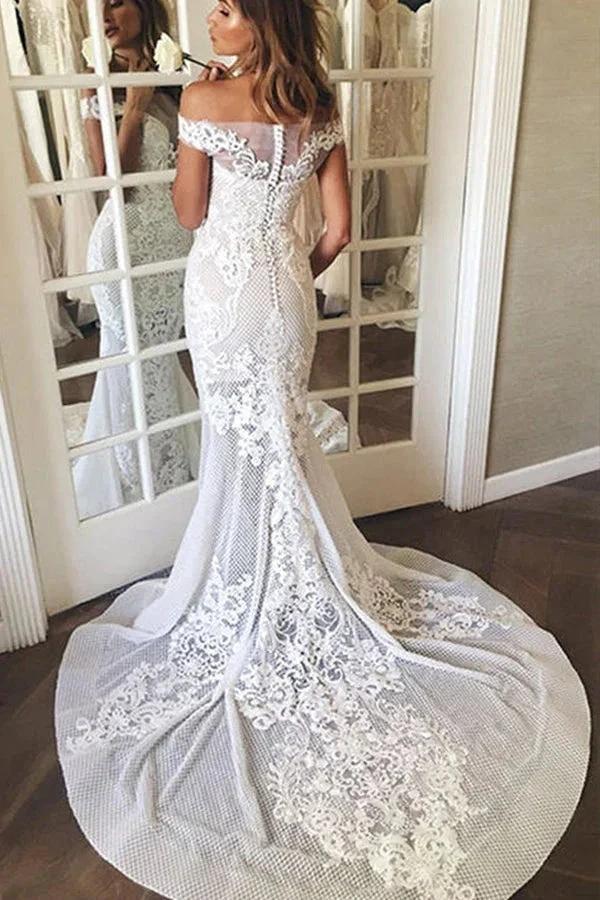 Long Mermaid Off The Shoulder Appliques Sweep Train Wedding Dress by BIZTUNNEL