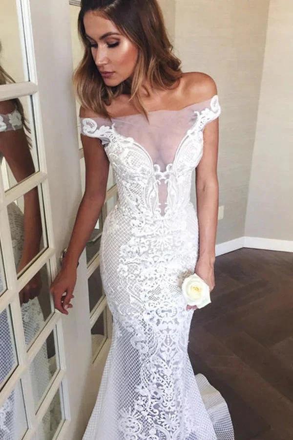 Long Mermaid Off The Shoulder Appliques Sweep Train Wedding Dress by BIZTUNNEL